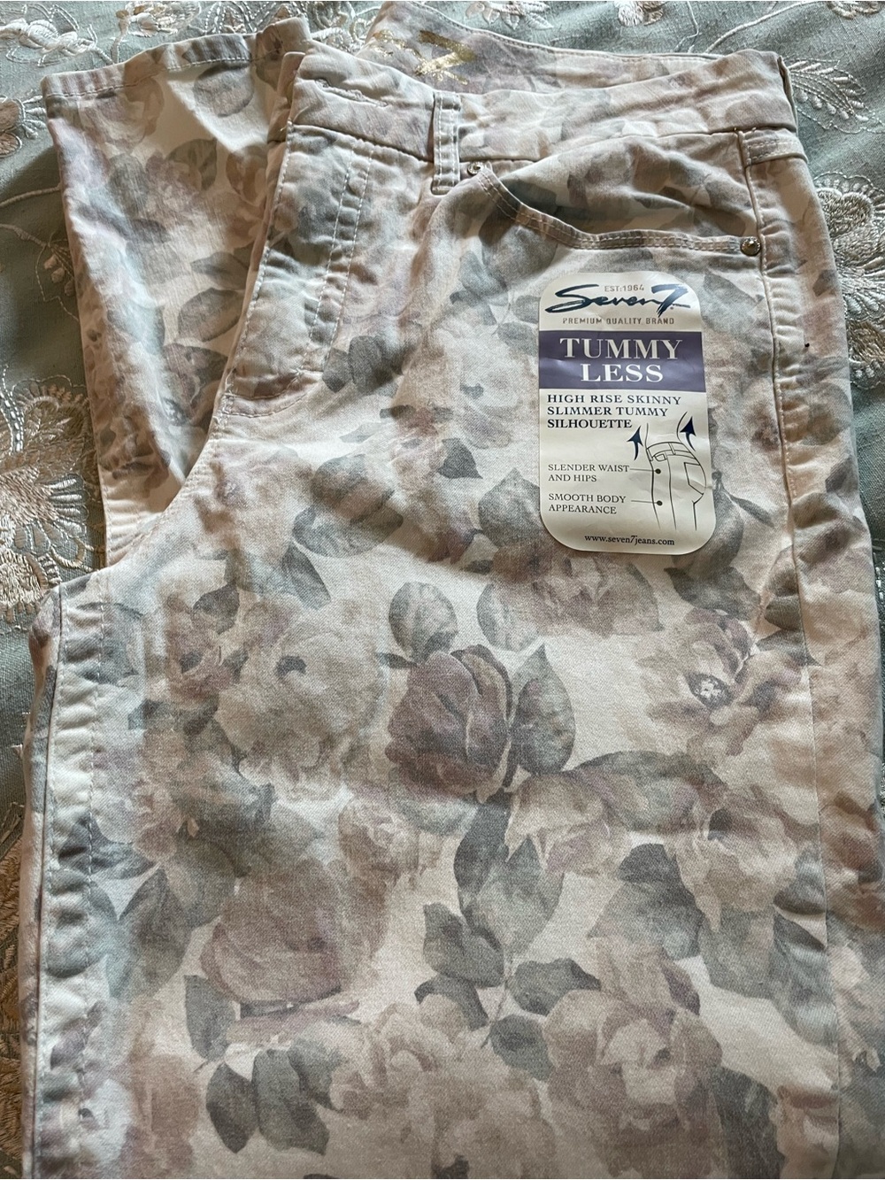 Seven7 Soft Floral High-Rise Straight Jeans in Blush and Sage